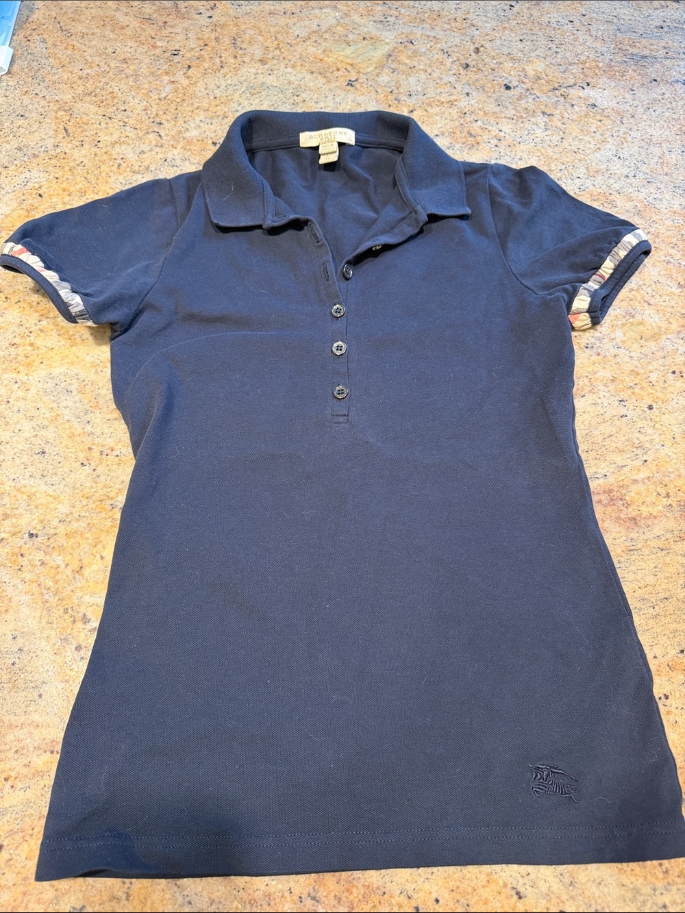 Burberry Navy Short Sleeve Button-Front Polo with Check Trim